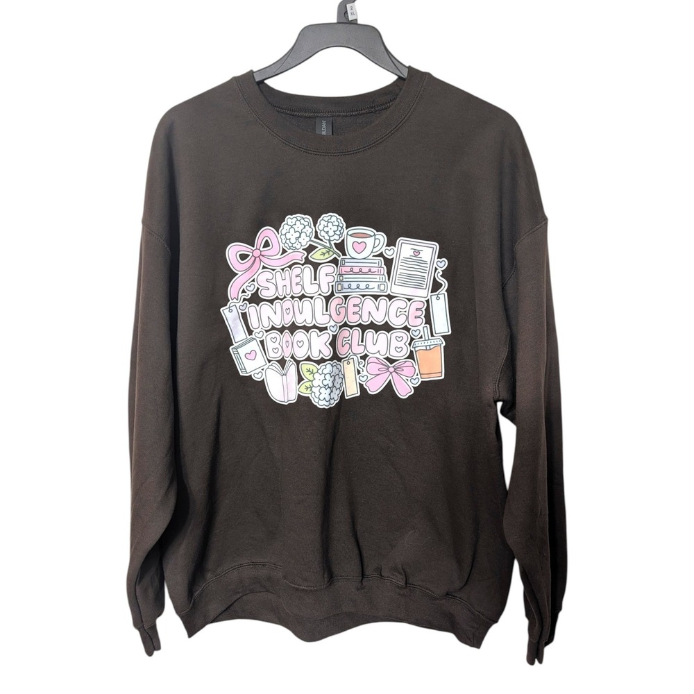 Gildan Brown Pink Book Club Graphic Comfy Cozy Heavy Blend Sweatshirt Size XL
